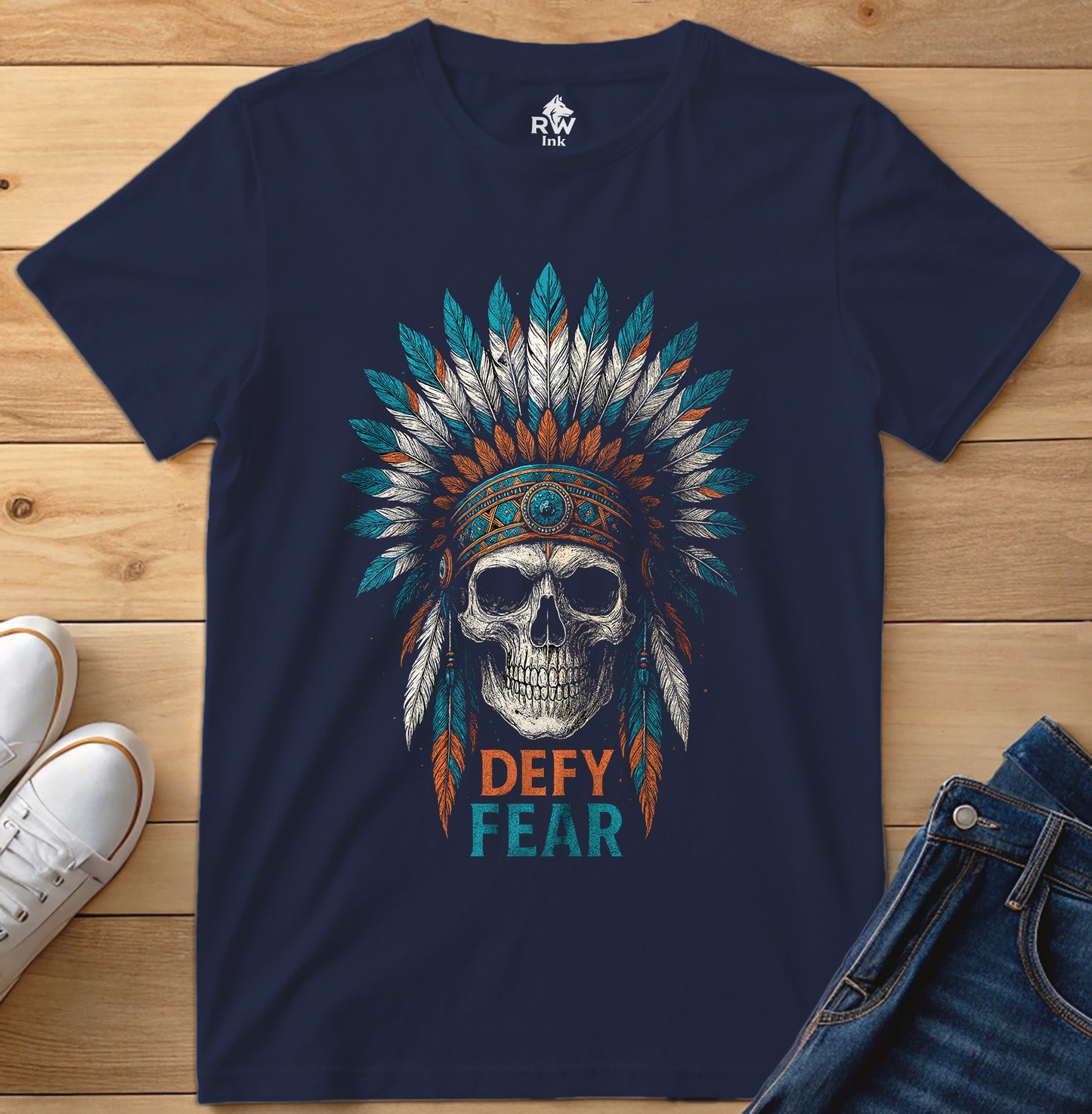 Defy Fear – Skull Warrior Headdress Art Tee | Bella+Canvas 3001 Unisex T-Shirt