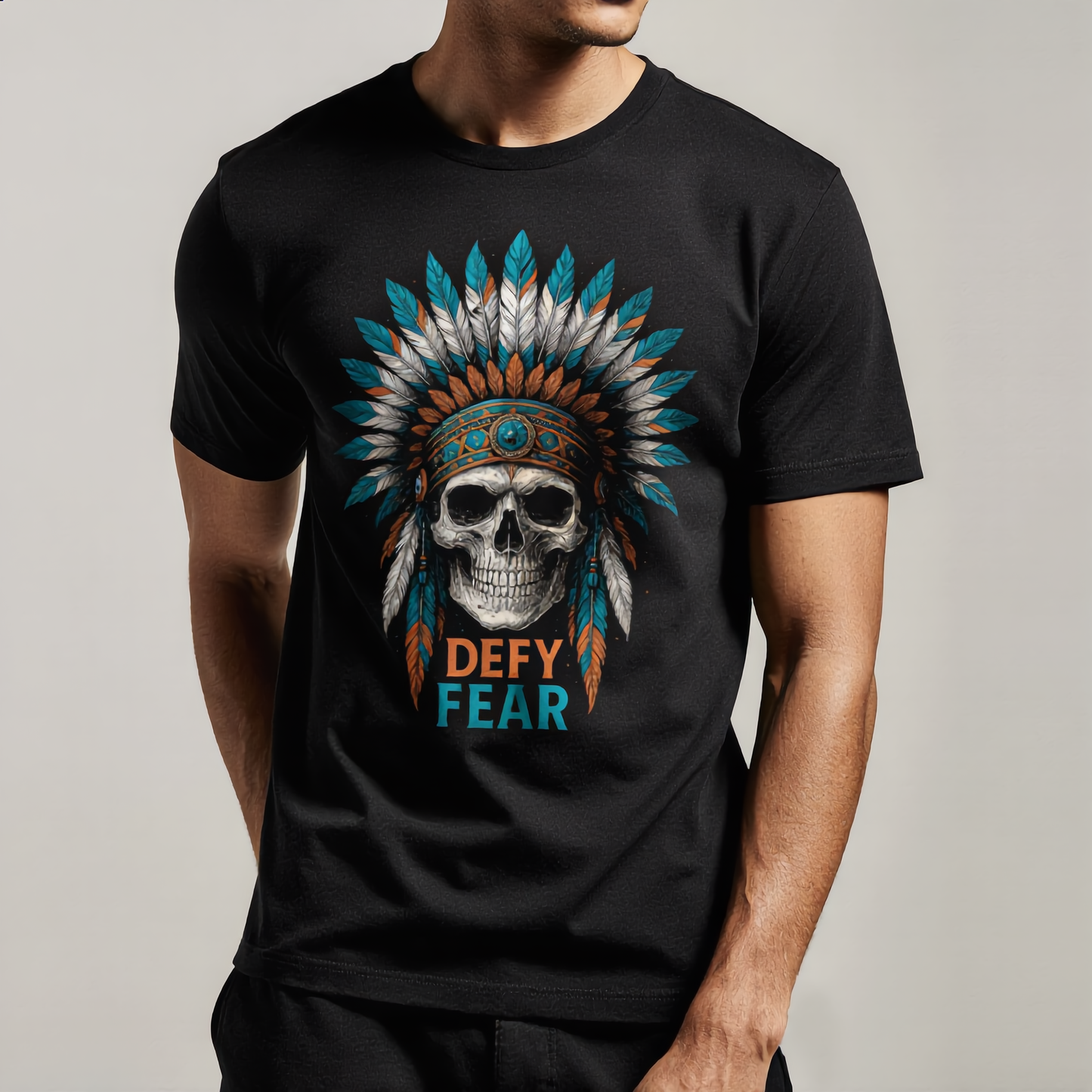 Defy Fear – Skull Warrior Headdress Art Tee | Bella+Canvas 3001 Unisex T-Shirt