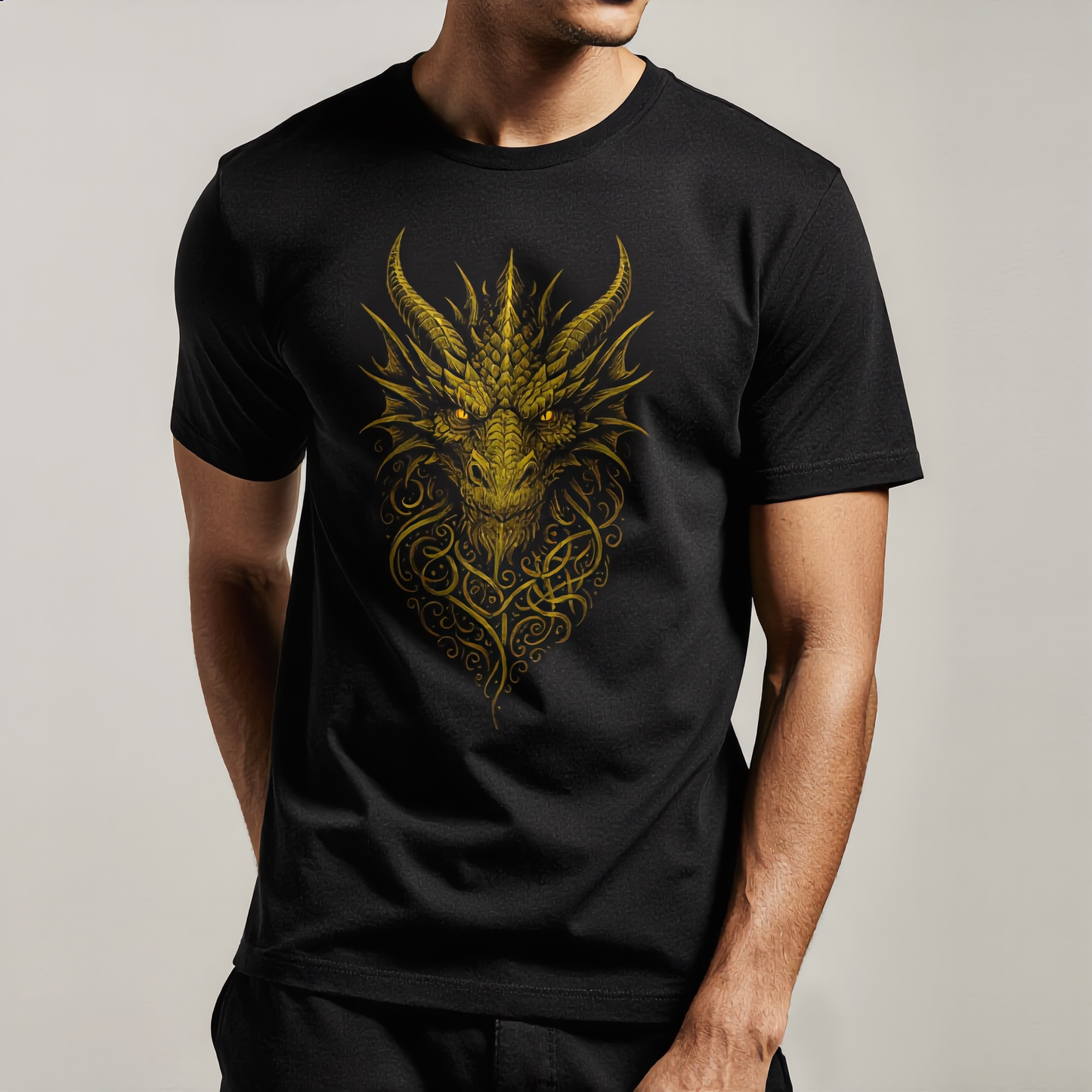 Dragon's Gaze – Ornamental Gold Dragon Head Tee | Bella+Canvas 3001 Unisex T-Shirt